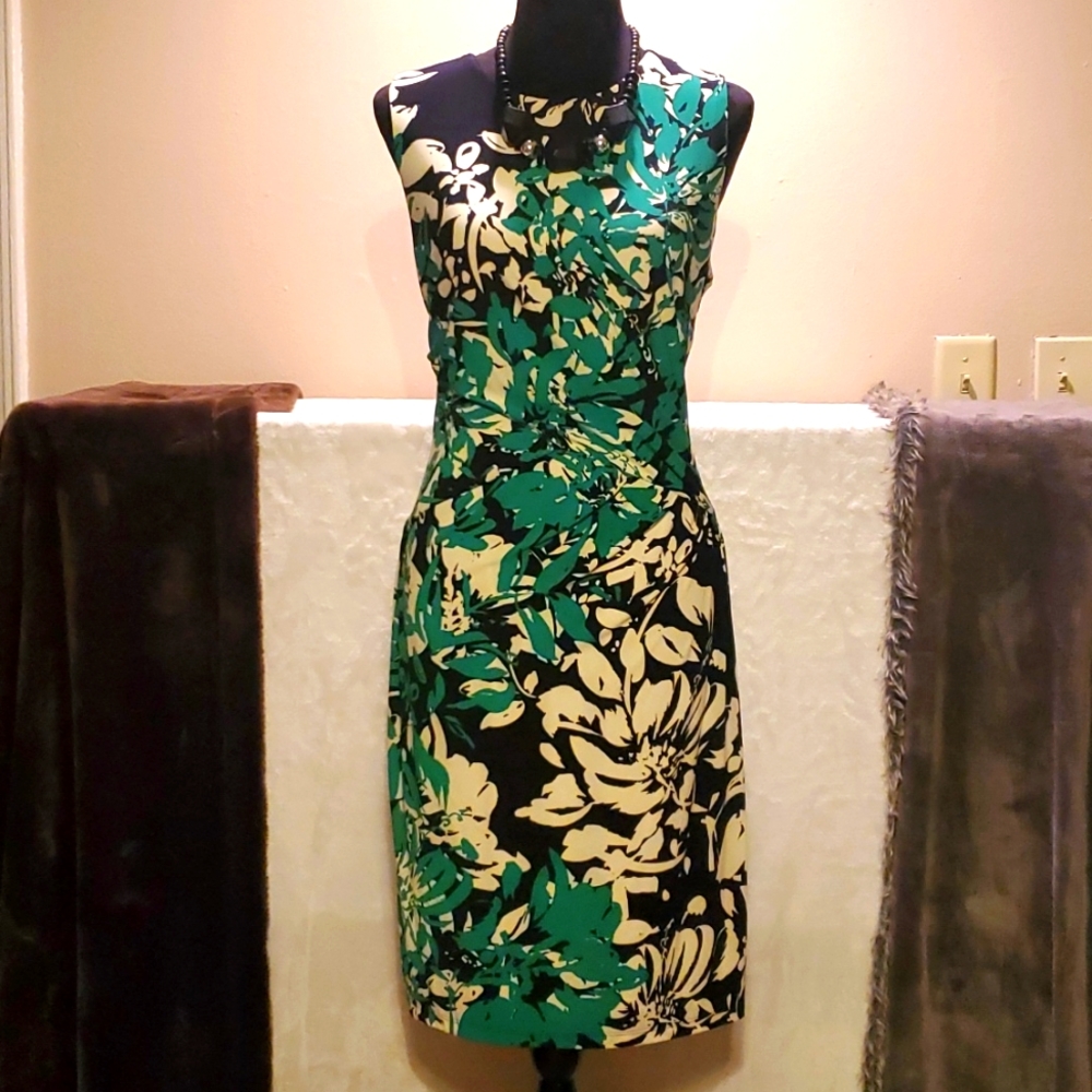 Lauren Ralph Lauren Black, Green & Cream Floral Midi Dress